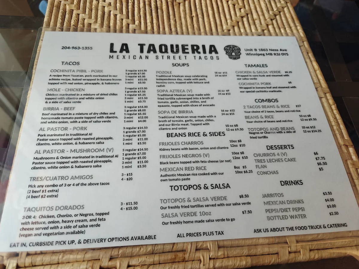 Menu, La Taqueria Mexican Street Tacos