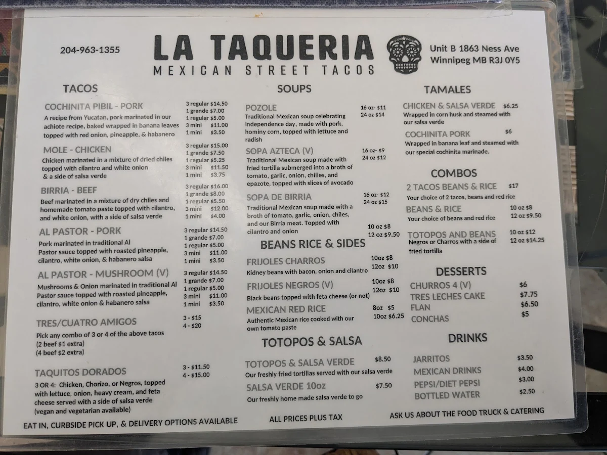 Menu, La Taqueria Mexican Street Tacos