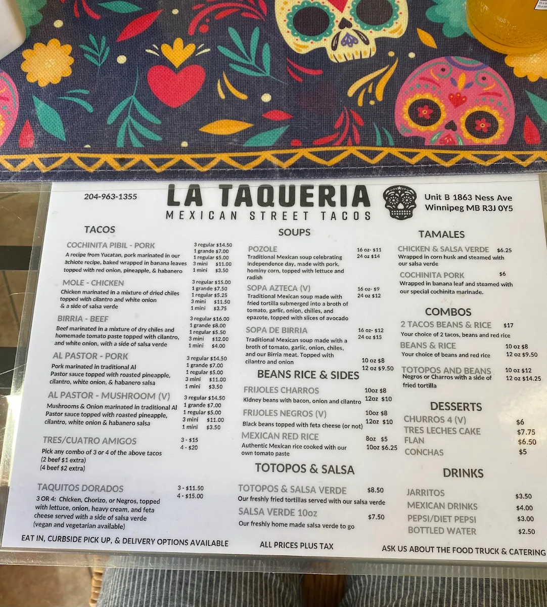 Menu, La Taqueria Mexican Street Tacos