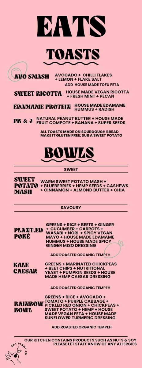 Menu, plant.ed café