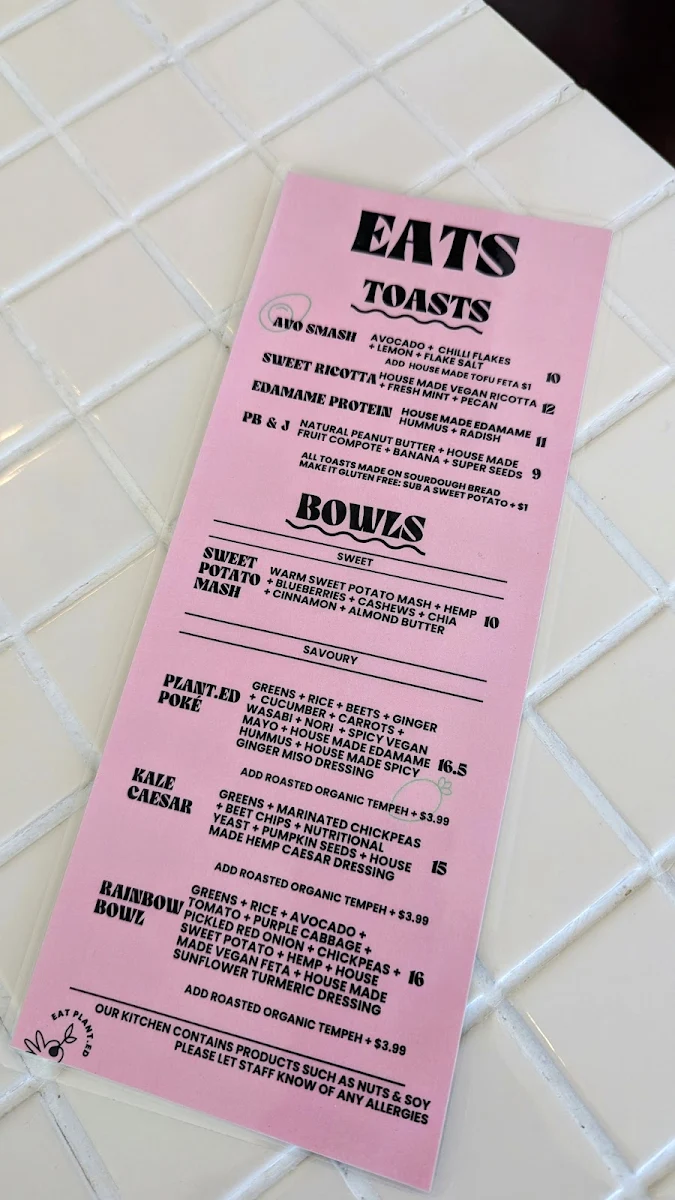 Menu, plant.ed café
