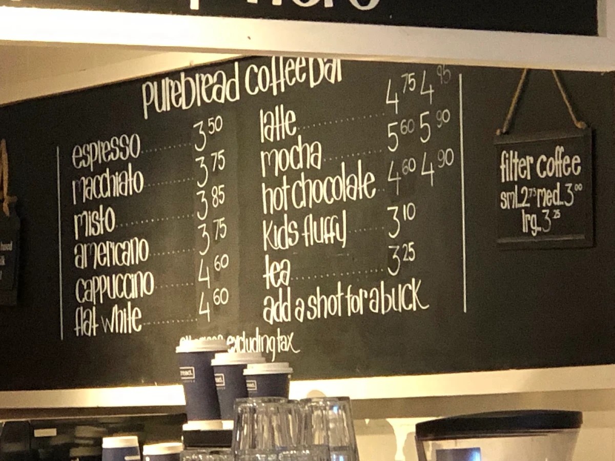 Menu, Purebread Bakery + Coffee