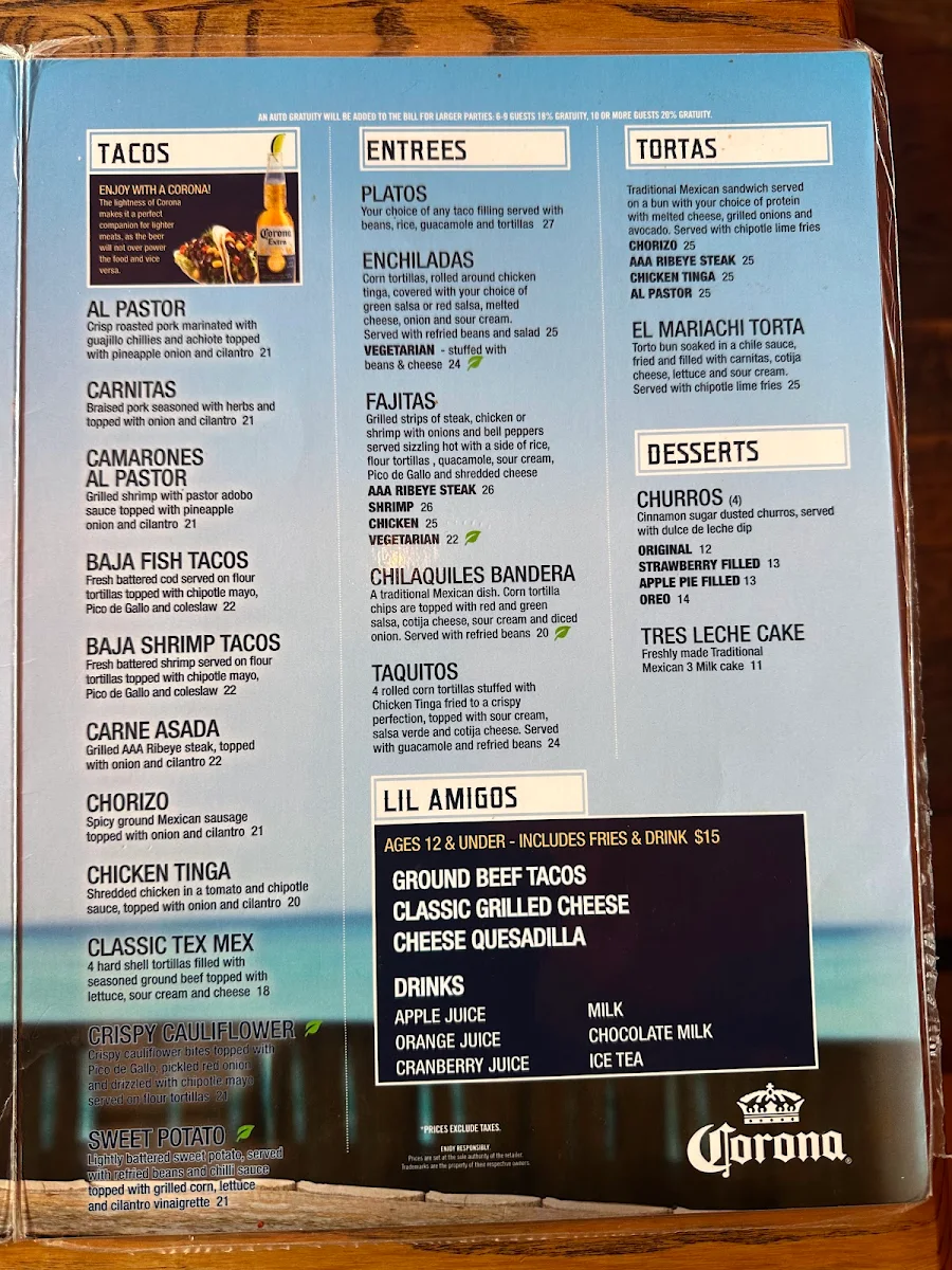 Menu, El Mariachi Tacos And Churros