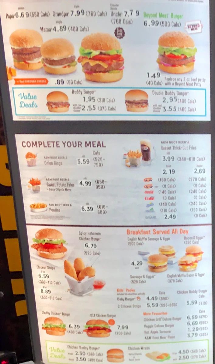 Menu, A&W Canada