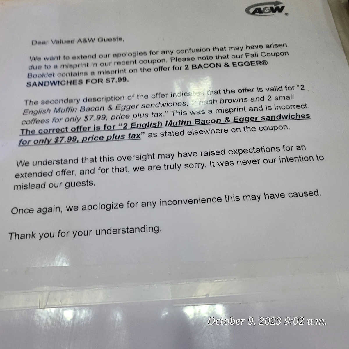 Menu, A&W Canada