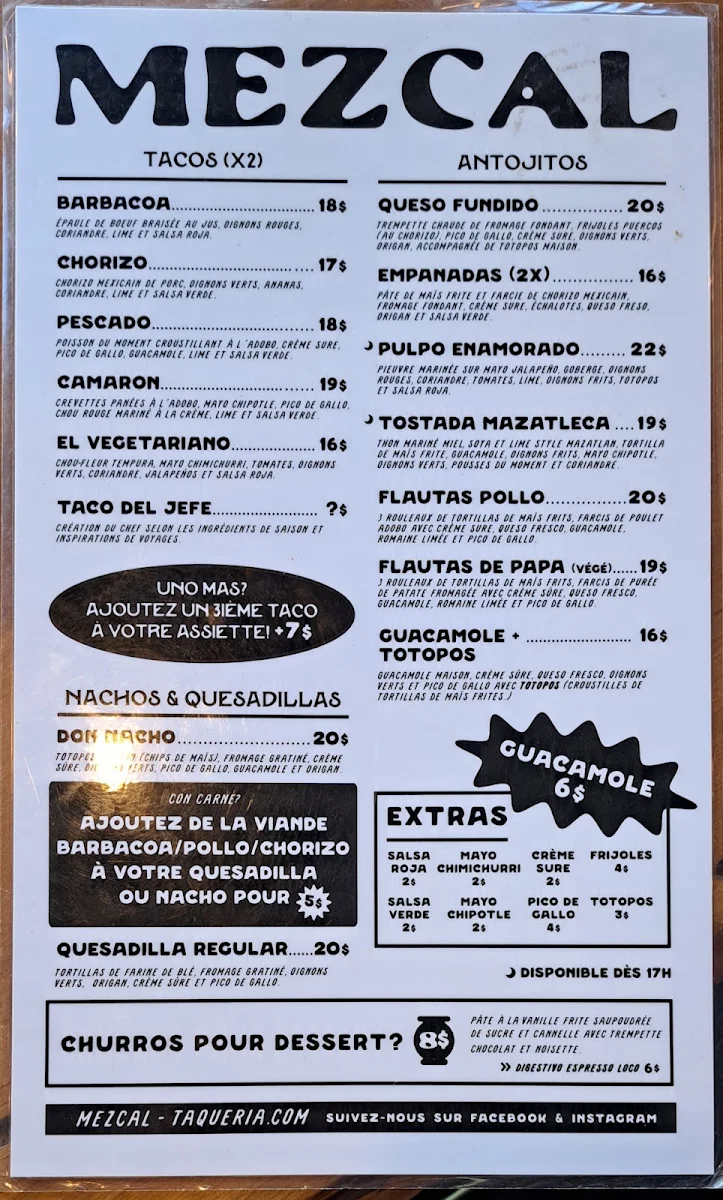 Menu, Mezcal Taqueria