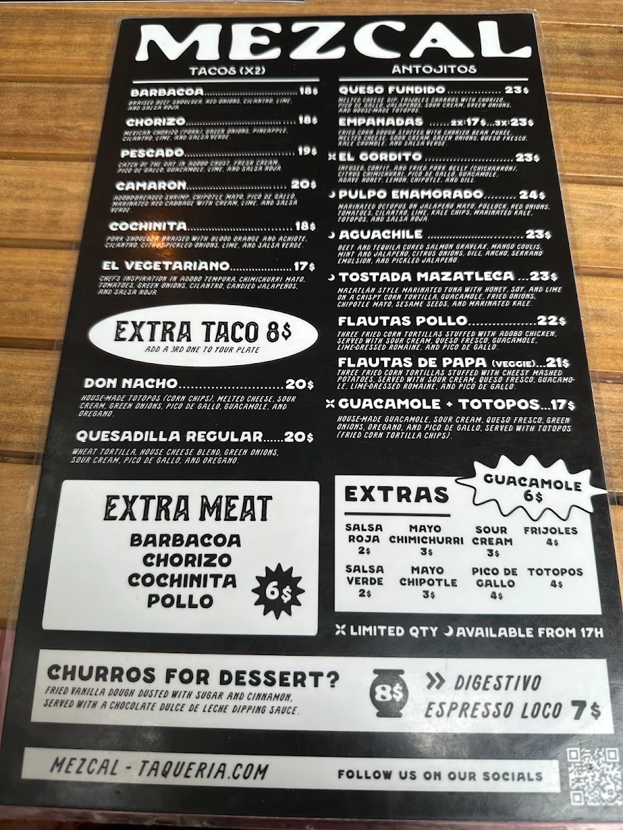 Menu, Mezcal Taqueria