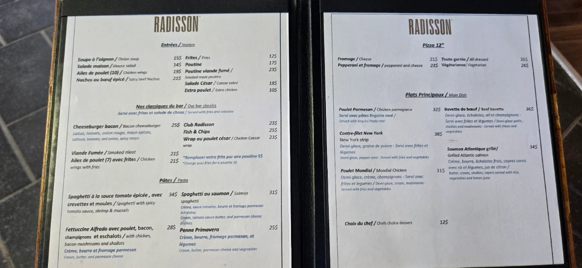 Menu, Le Tropik restaurant-bar