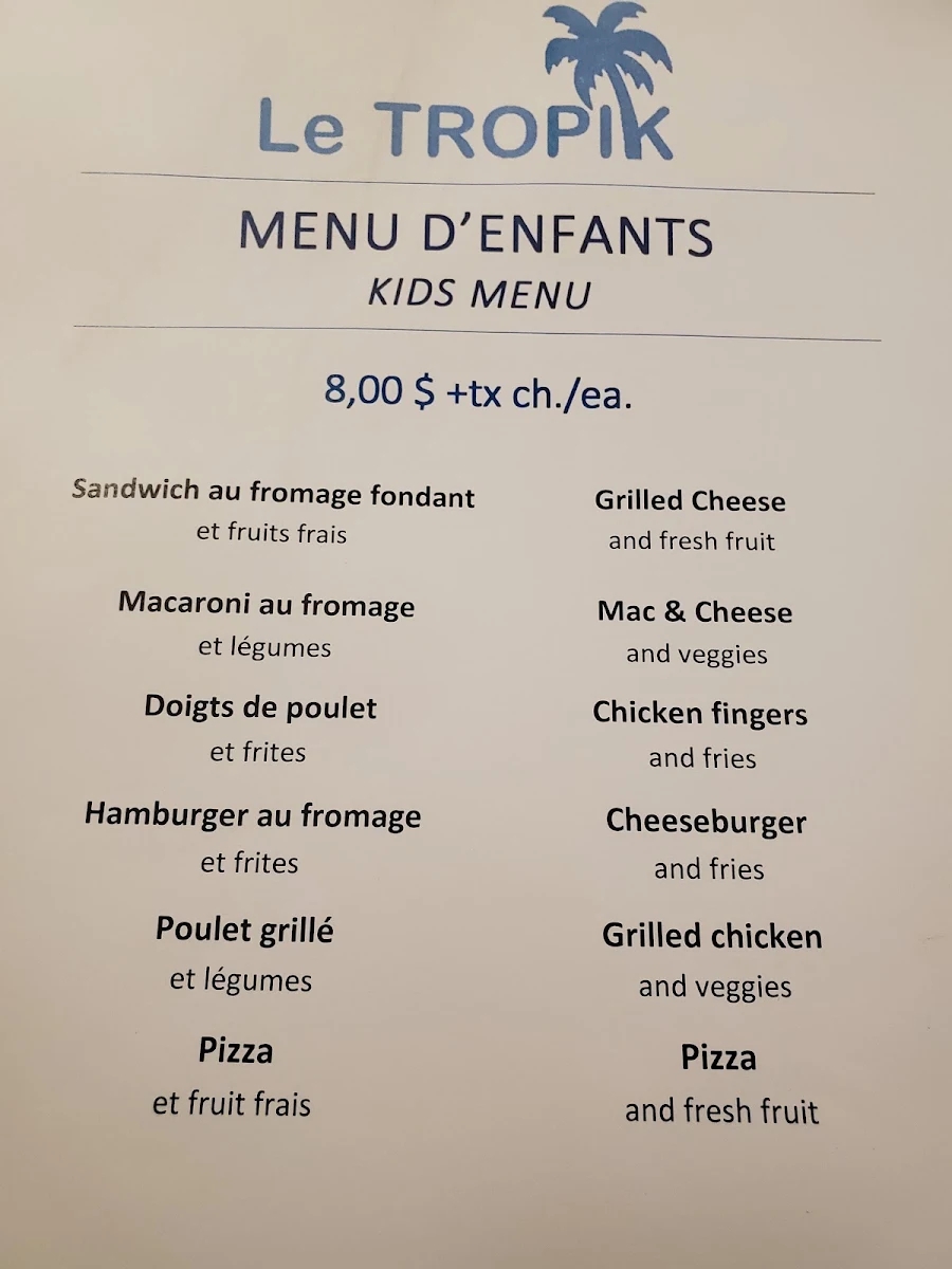 Menu, Le Tropik restaurant-bar