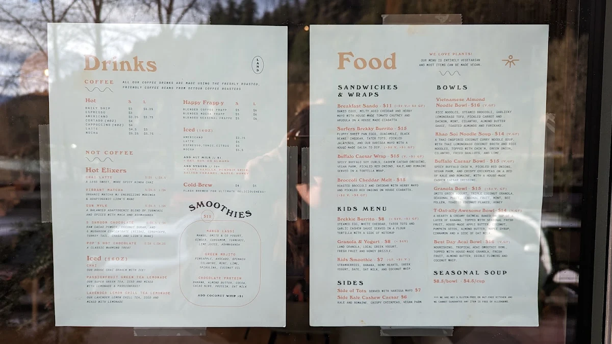 Menu, Land Cafe and Studio