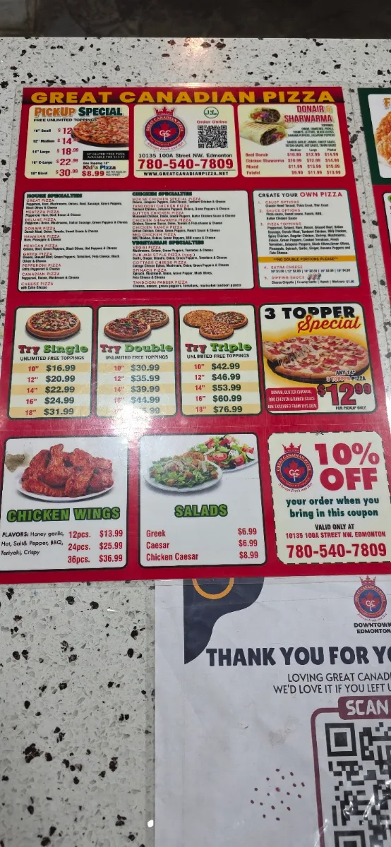 Menu, GREAT CANADIAN PIZZA & DONAIR 100% HALAL