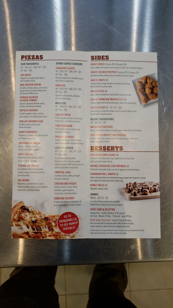 Menu, Papa Johns Pizza