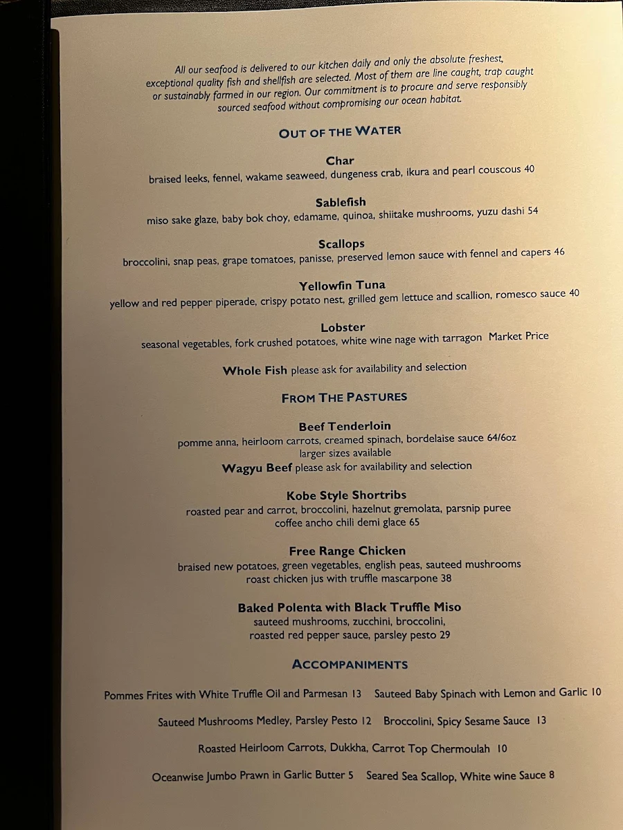 Menu, Blue Water Cafe