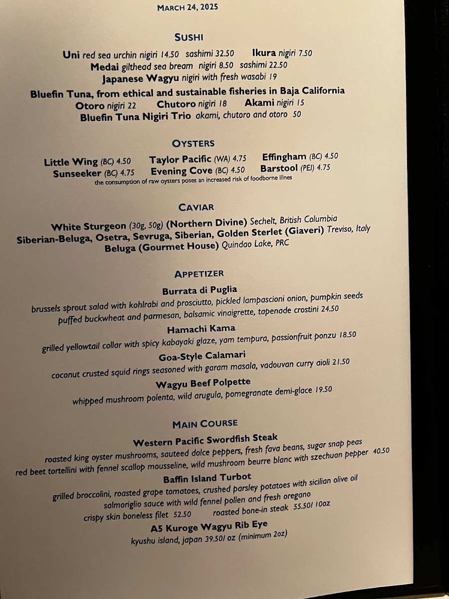 Menu, Blue Water Cafe