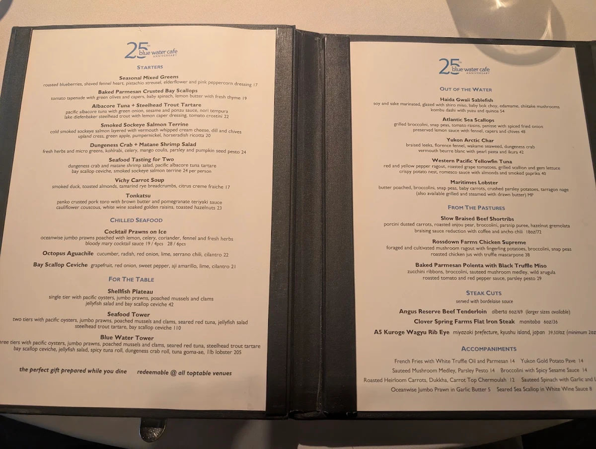 Menu, Blue Water Cafe