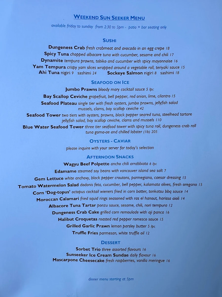 Menu, Blue Water Cafe