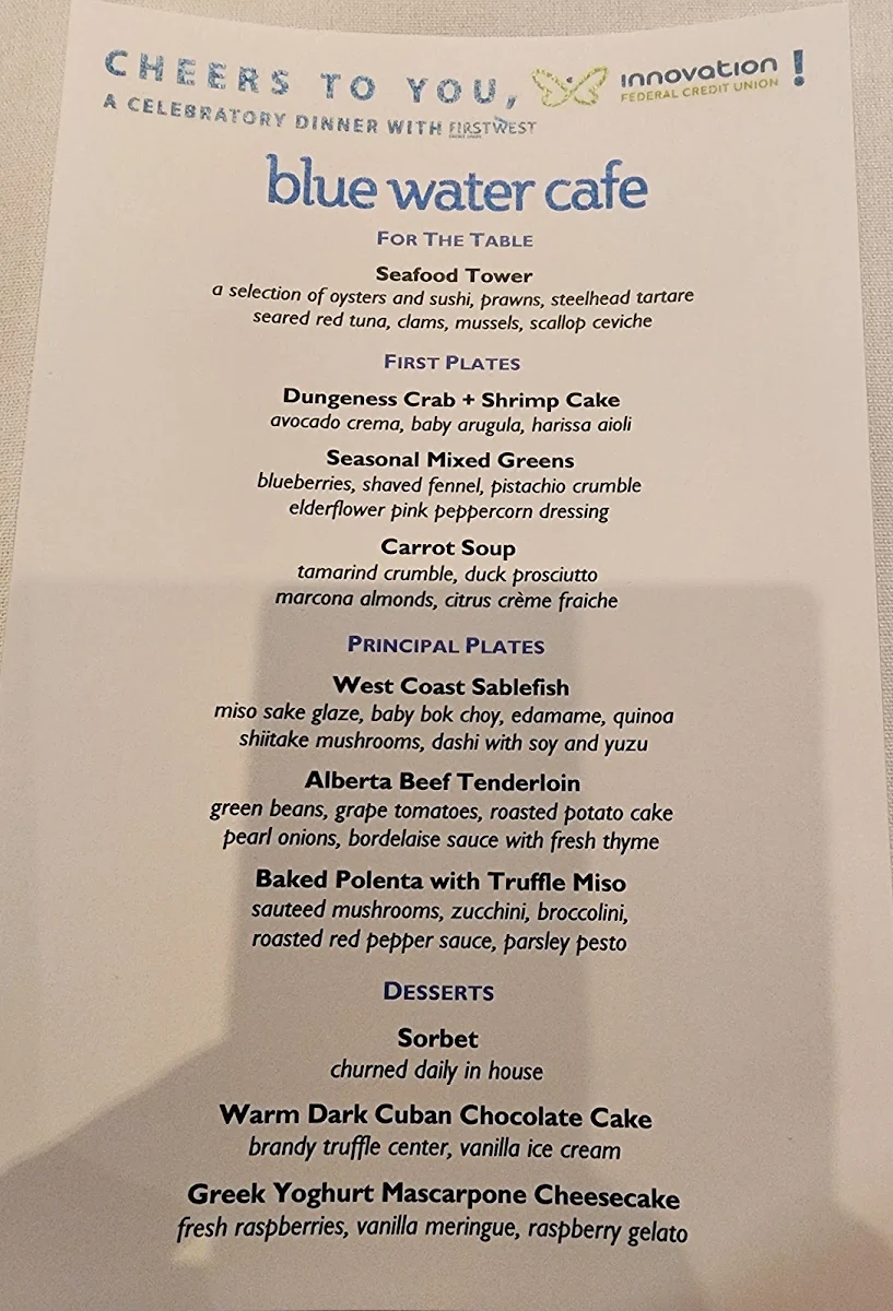 Menu, Blue Water Cafe