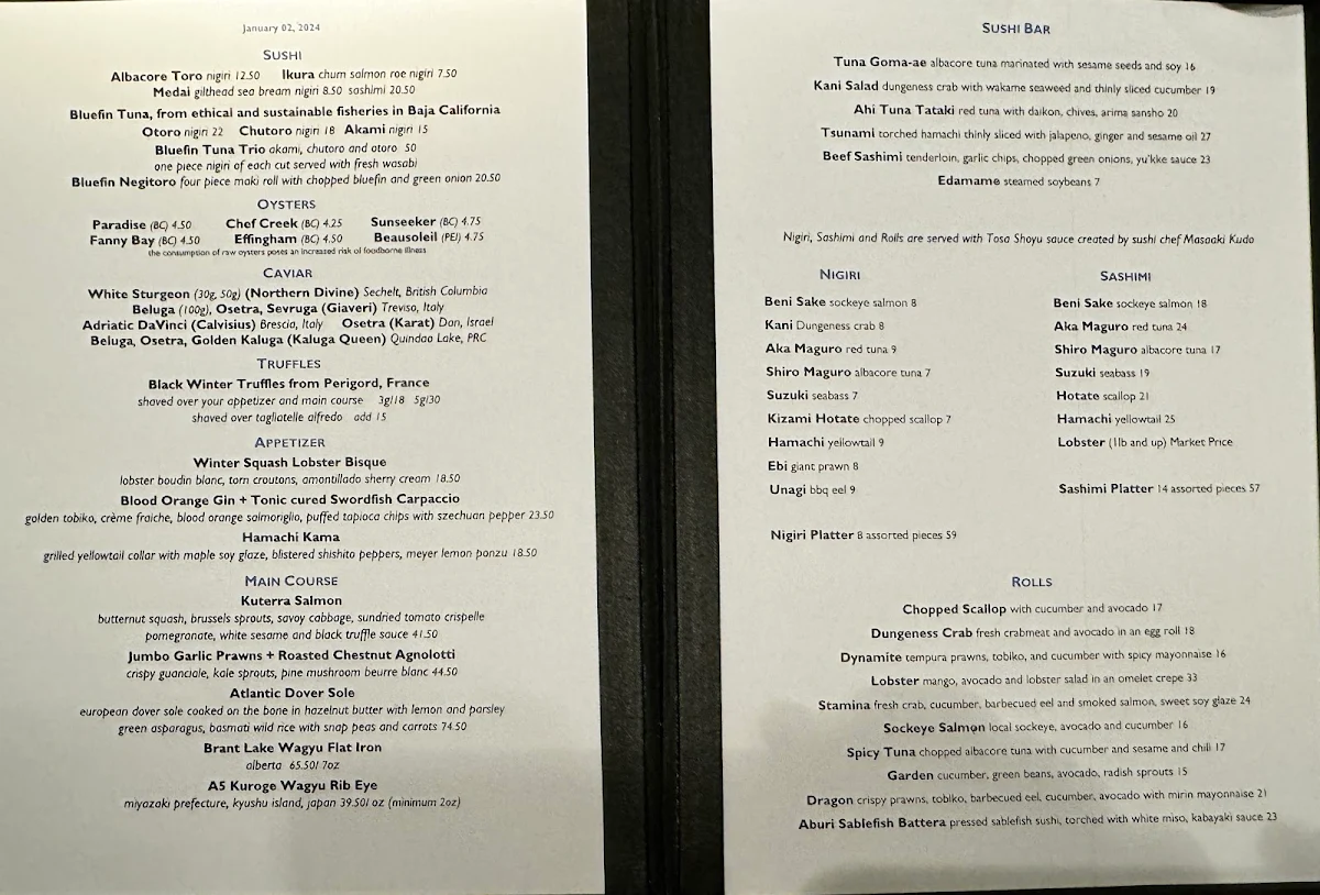 Menu, Blue Water Cafe