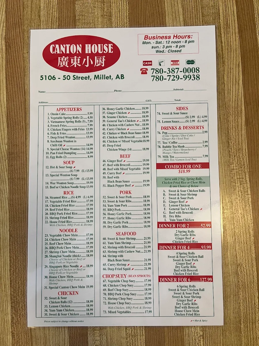 Menu, Canton House