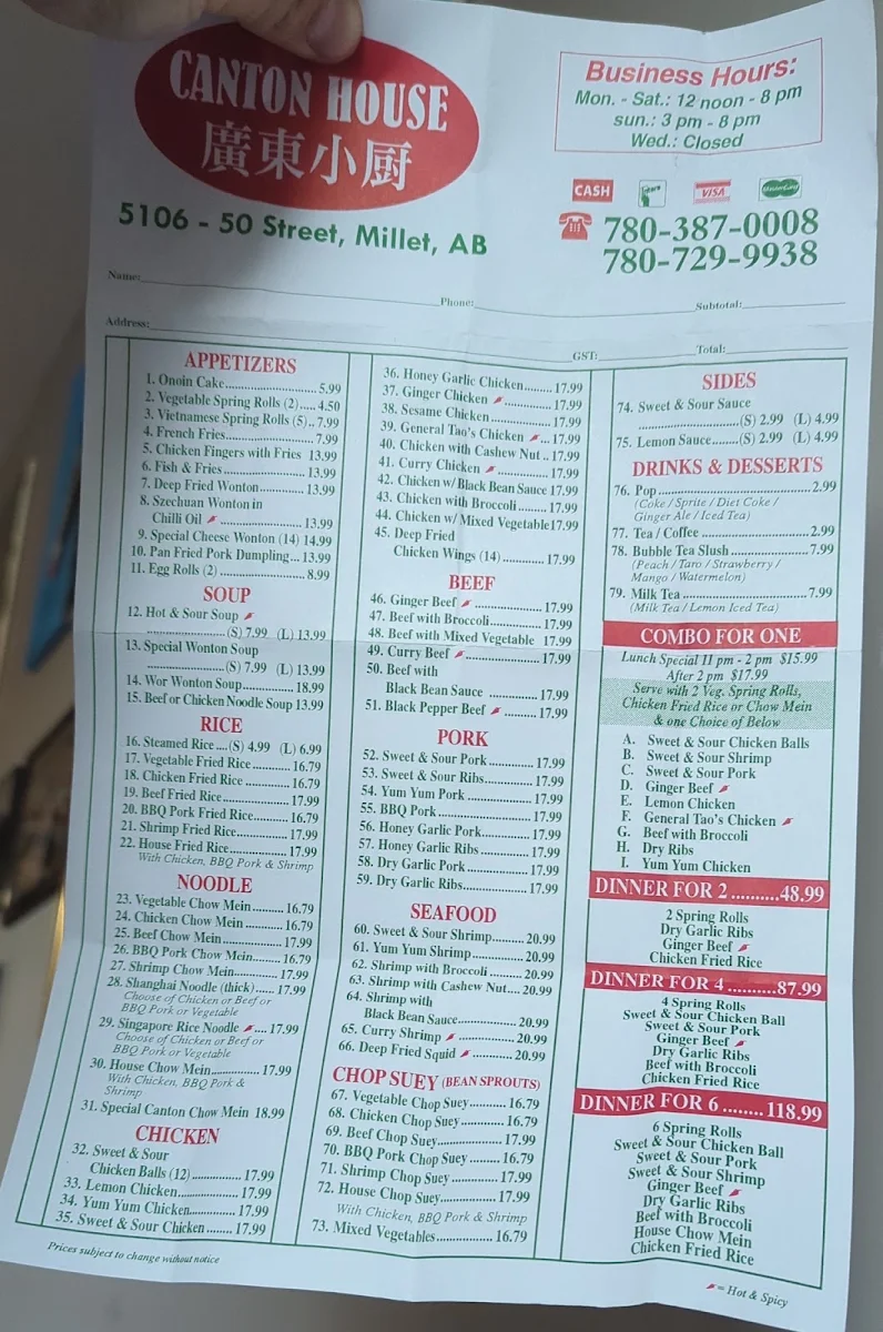 Menu, Canton House