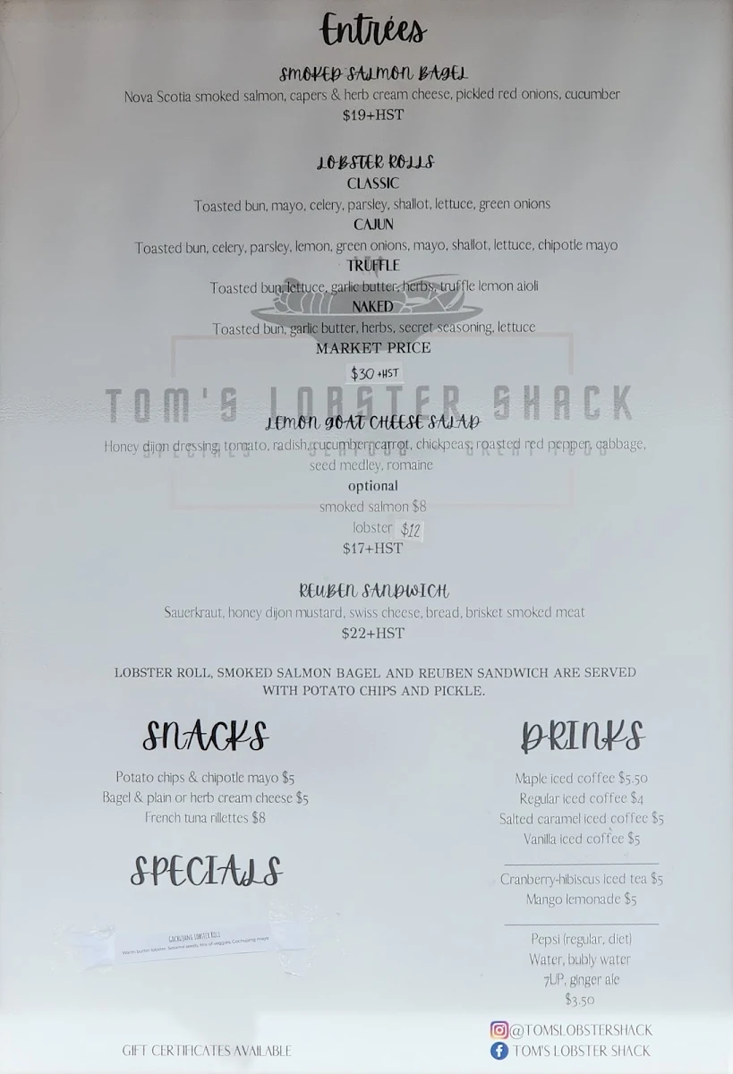 Menu, Tom's Lobster Shack