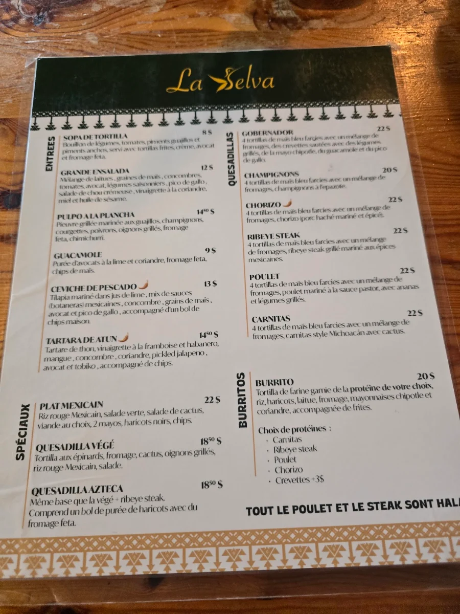 Menu, La Selva restaurant mexicain