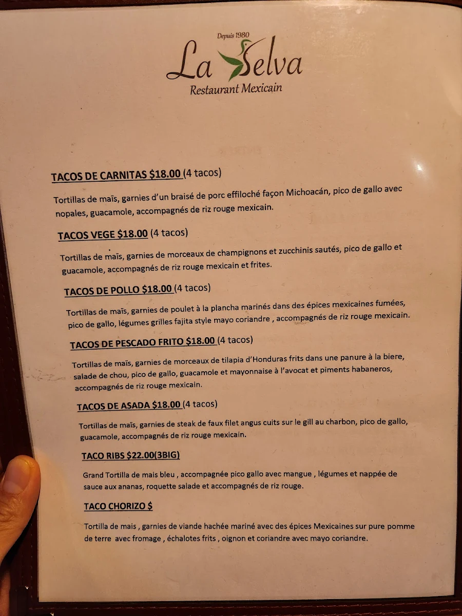 Menu, La Selva restaurant mexicain