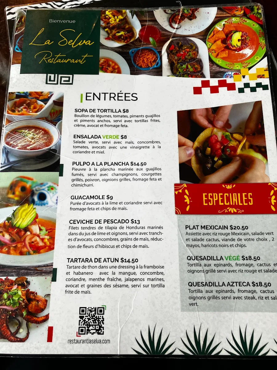 Menu, La Selva restaurant mexicain
