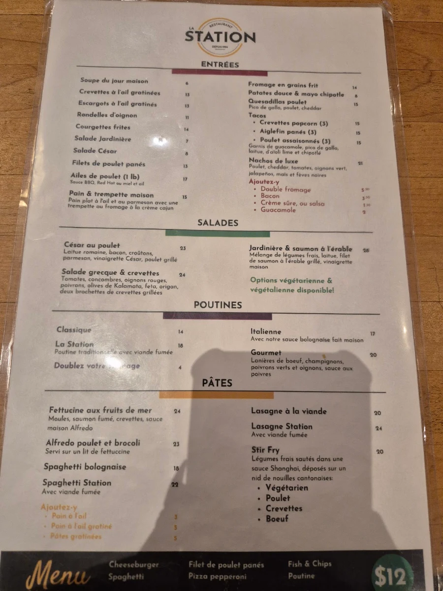 Menu, Restaurant La Station