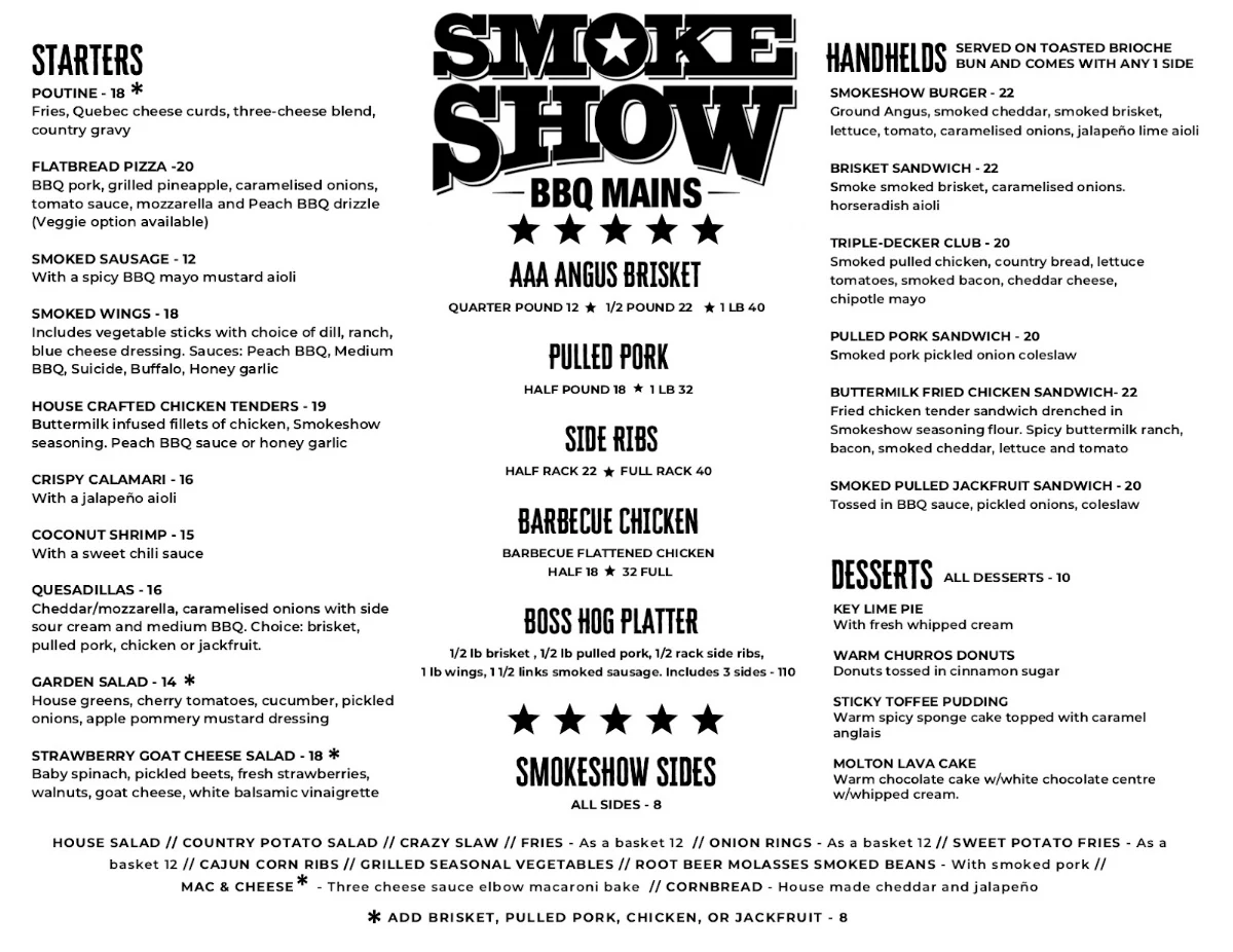 Menu, SMOKESHOW bbq and brew