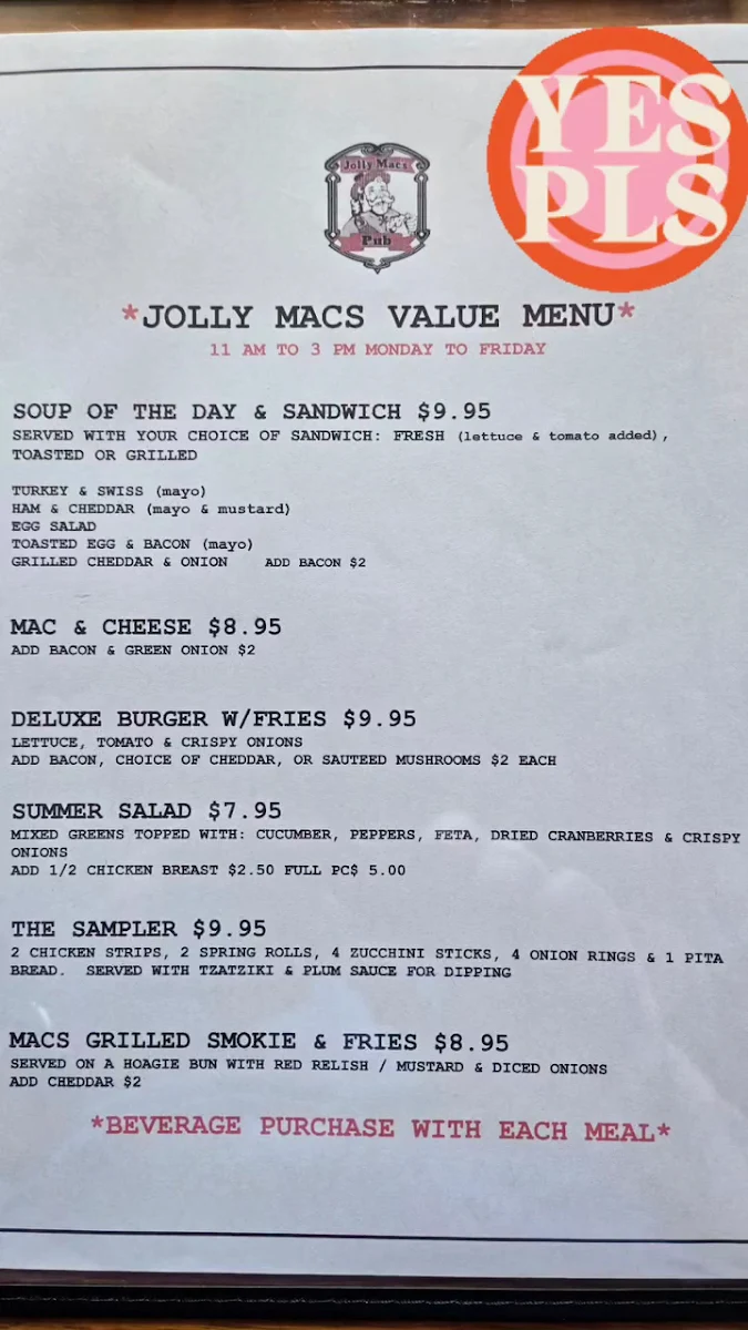 Menu, Jolly Mac's Pub & Liquor Store