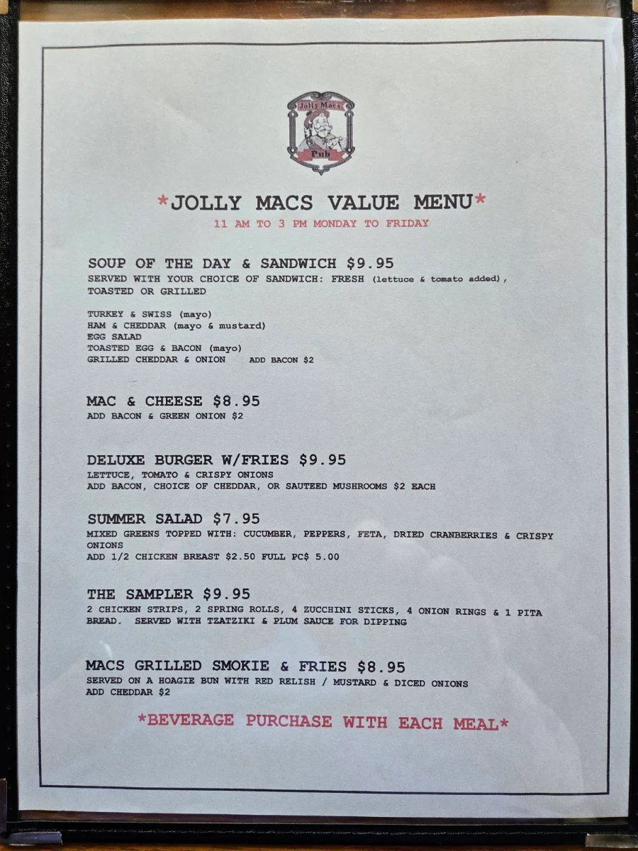 Menu, Jolly Mac's Pub & Liquor Store