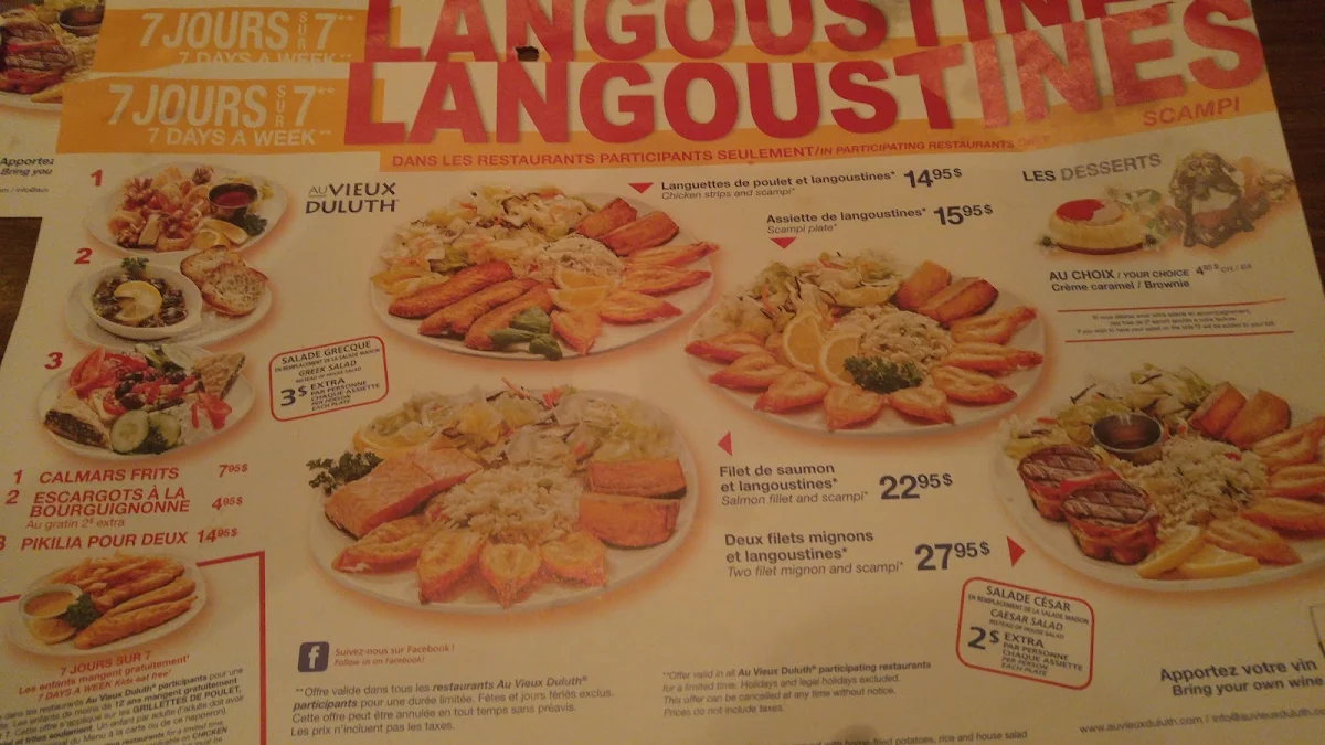 Menu, Au Vieux Duluth Saint-Eustache