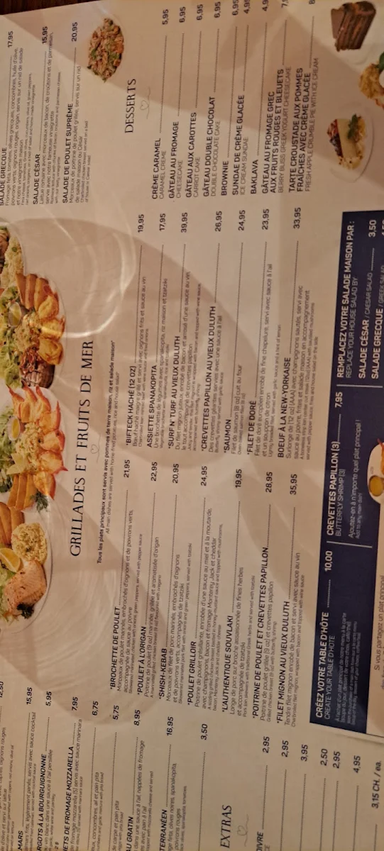 Menu, Au Vieux Duluth Saint-Eustache