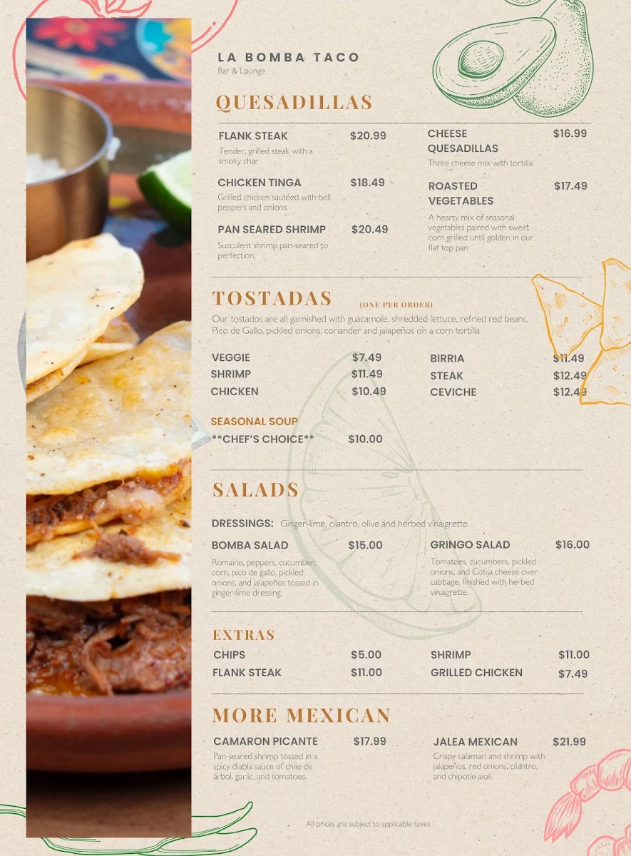 Menu, La Bomba Taco (Bolton)
