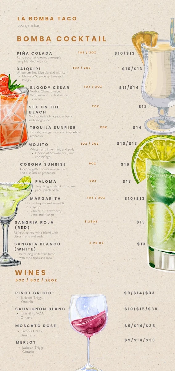 Menu, La Bomba Taco (Bolton)