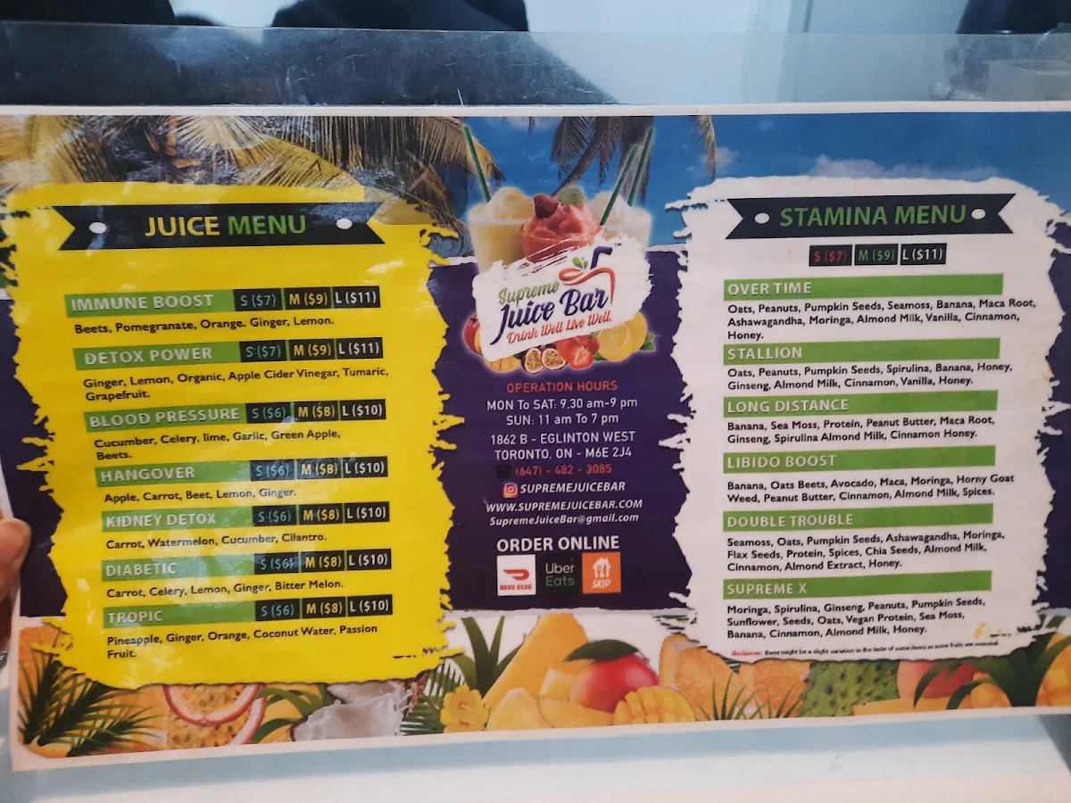 Menu, Supreme Juice Bar