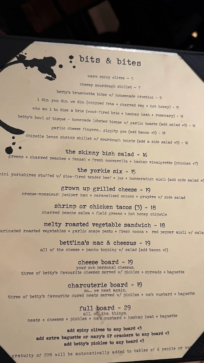 Menu, Betty's at The Kitch