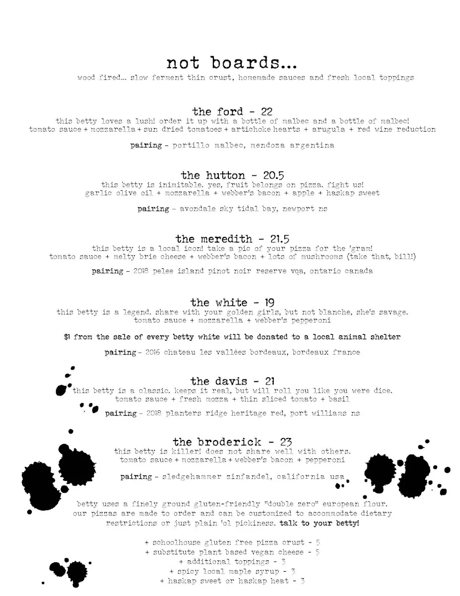 Menu, Betty's at The Kitch