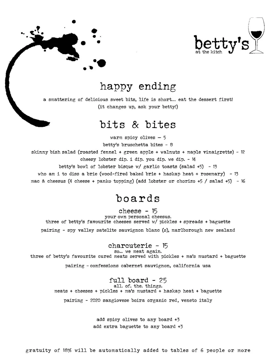 Menu, Betty's at The Kitch