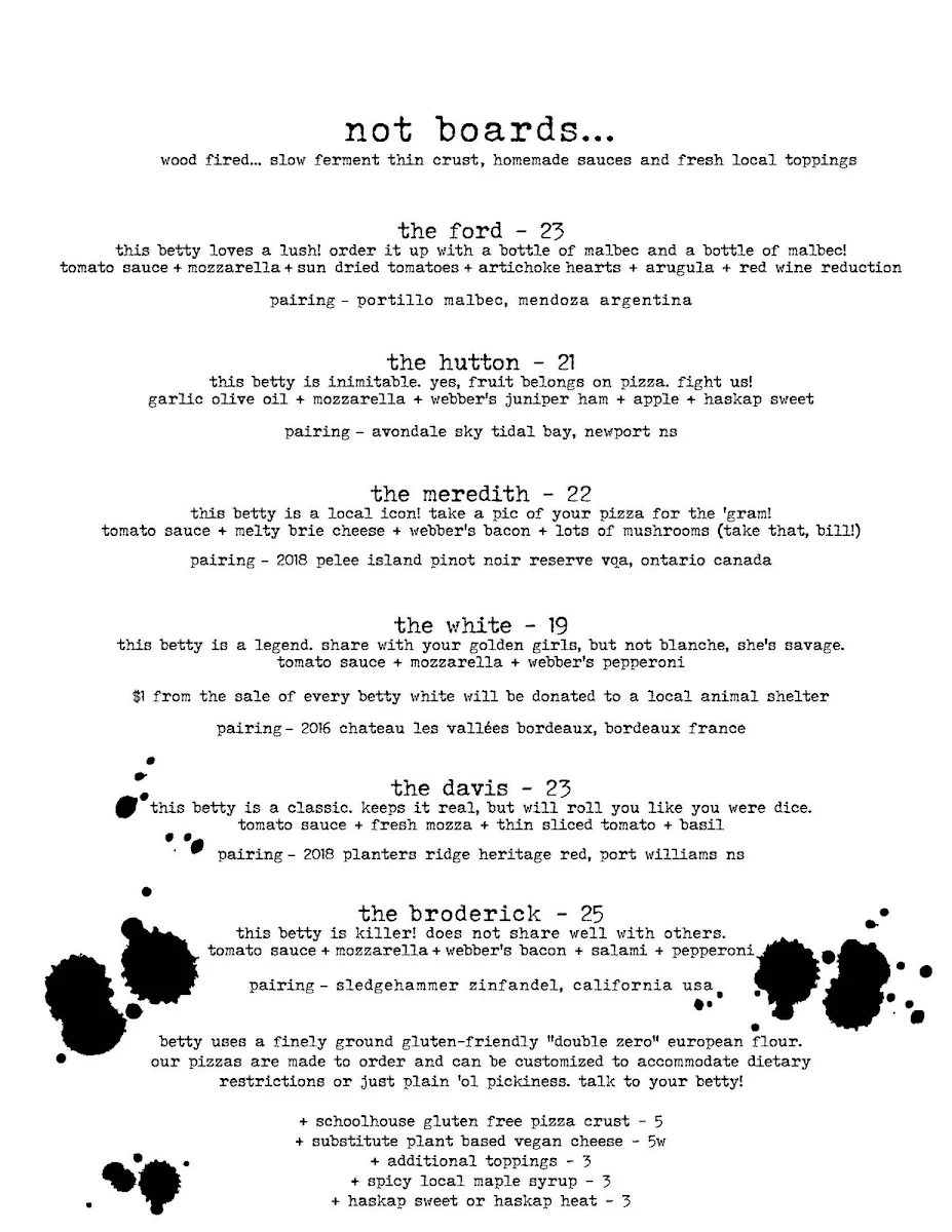 Menu, Betty's at The Kitch
