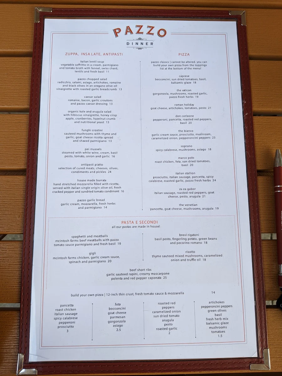 Menu, Pazzo Pizzeria