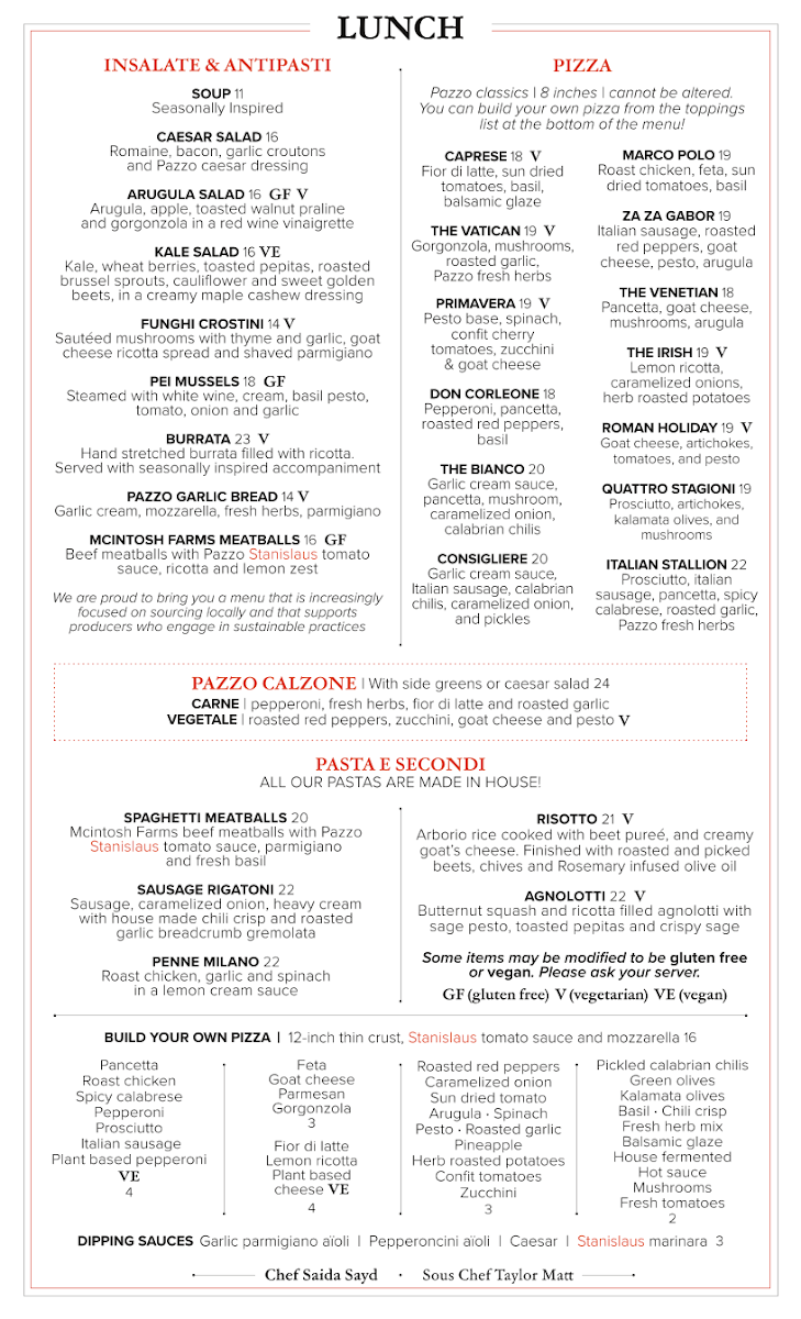 Menu, Pazzo Pizzeria