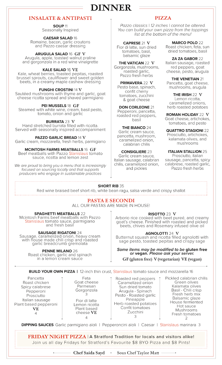 Menu, Pazzo Pizzeria