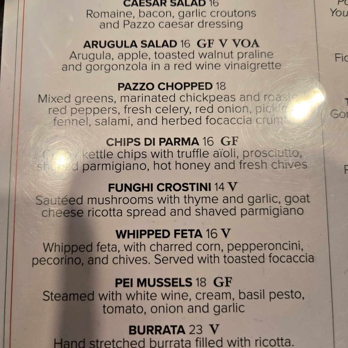 Menu, Pazzo Pizzeria