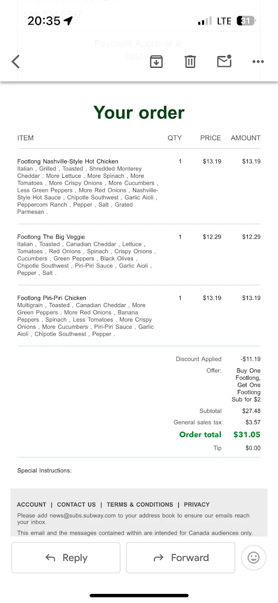 Menu, Subway
