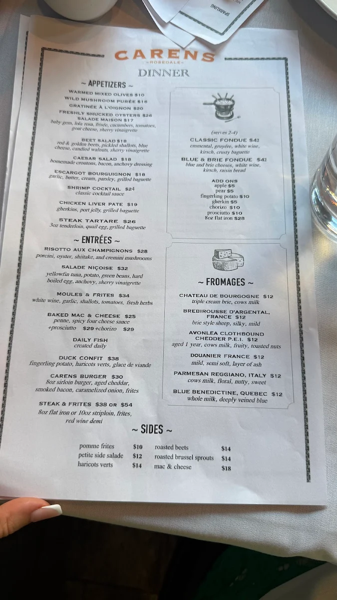 Menu, Carens Rosedale
