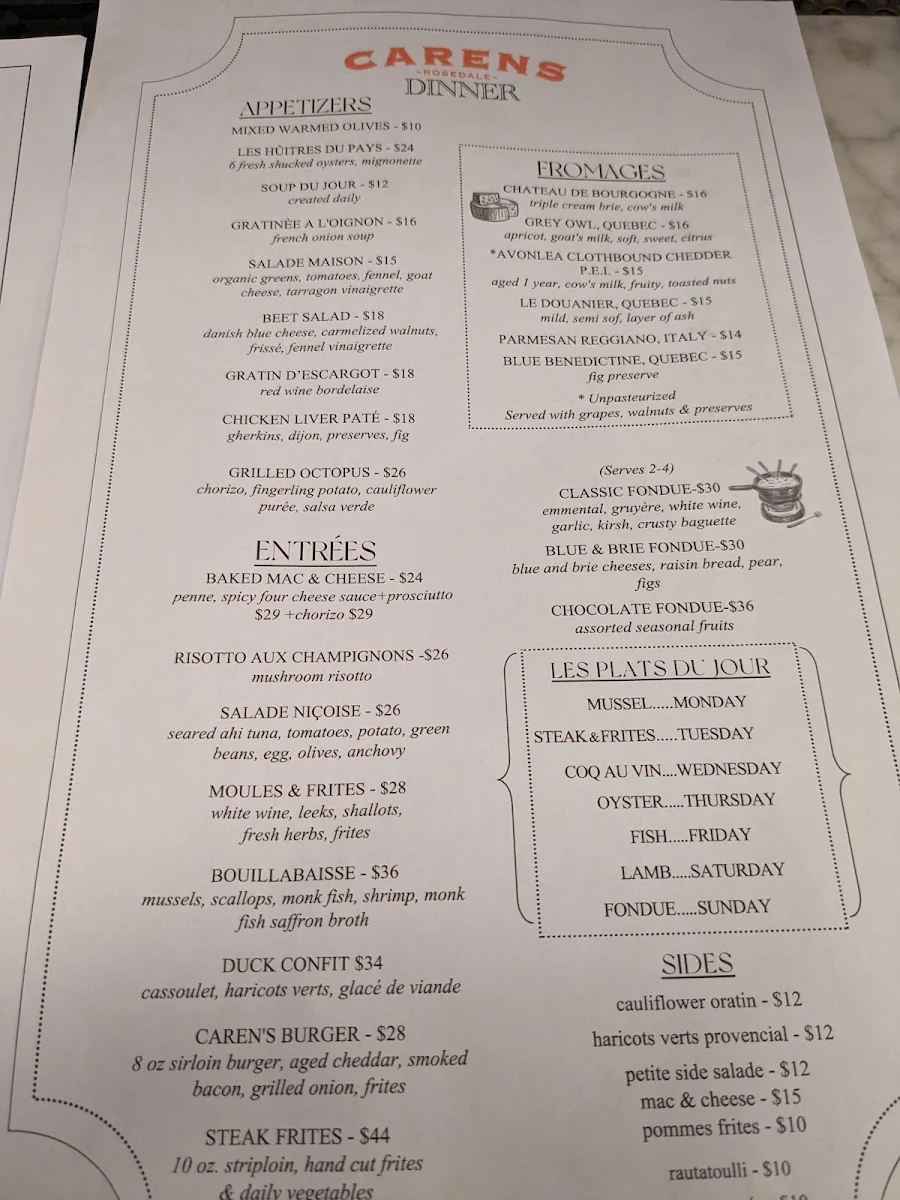 Menu, Carens Rosedale