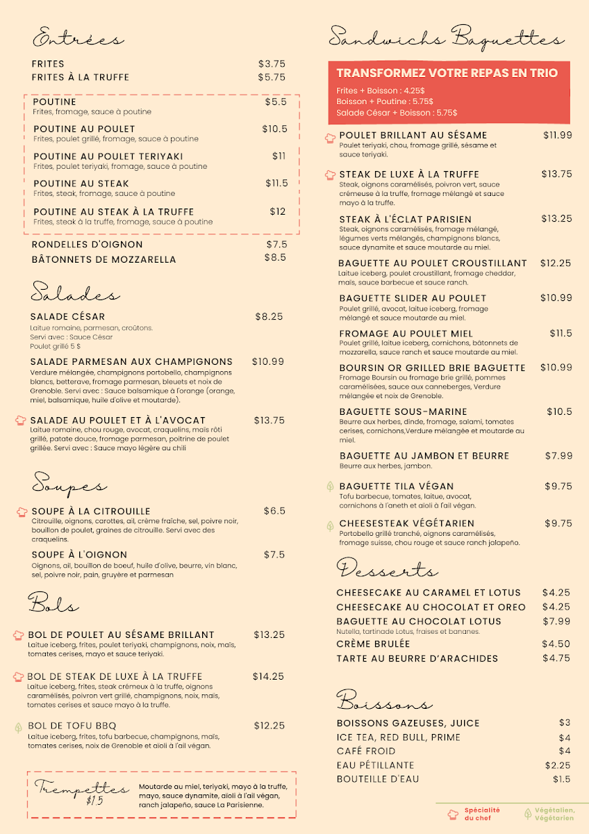 Menu, La Baguette Parisienne