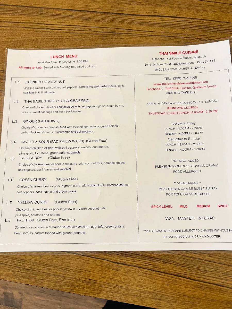 Menu, Thai Smile Cuisine